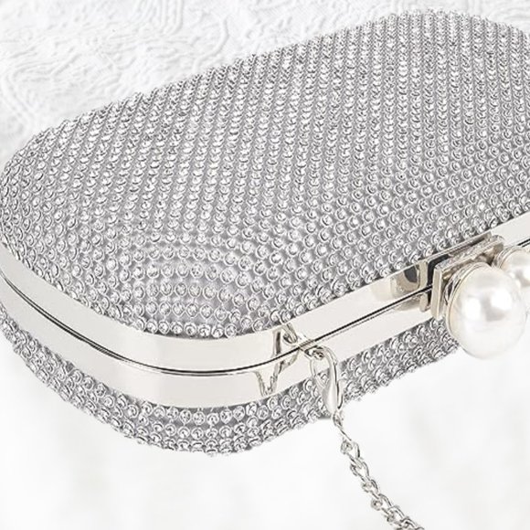 Evening Clutch Shoulder Bag Silver Purse Wedding Handbag Party Prom Bridal Gift - Picture 4 of 9
